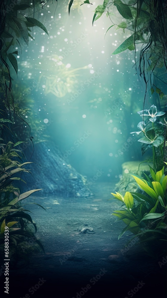 Fototapeta premium Blurred out jungle forest abstract background with lots of bokeh and a sunrays and room for text