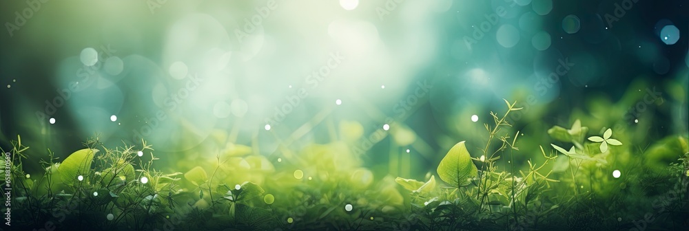 Blurred out jungle forest abstract background with lots of bokeh and a sunrays and room for text - obrazy, fototapety, plakaty 