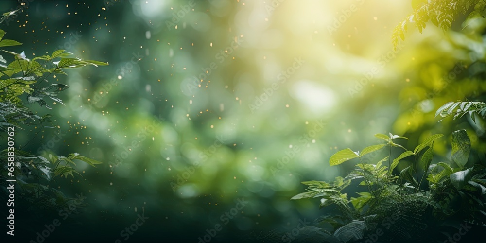 Naklejka premium Blurred out jungle forest abstract background with lots of bokeh and a sunrays and room for text