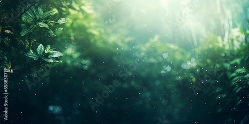 Blurred out jungle forest abstract background with lots of bokeh and a sunrays and room for text