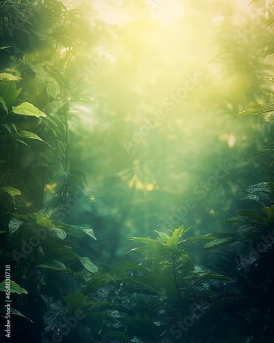Blurred out jungle forest abstract background with lots of bokeh and a sunrays and room for text © W&S Stock