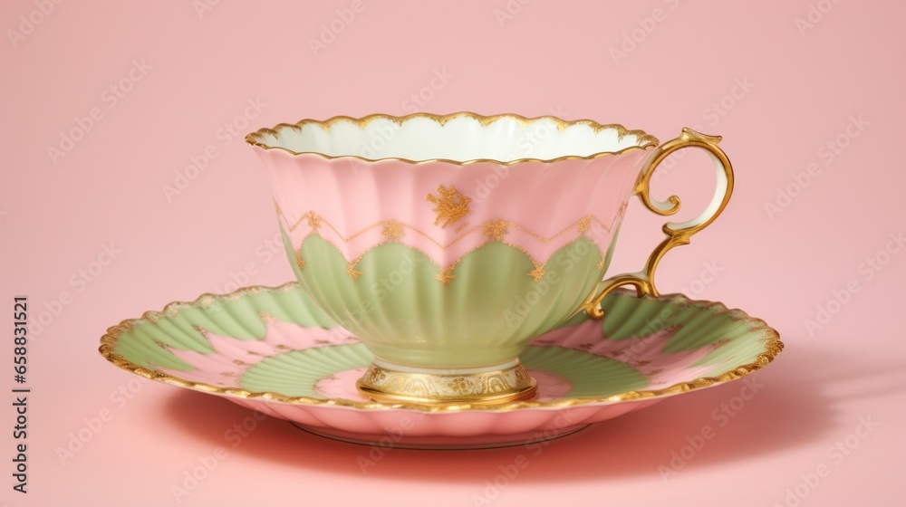a teacup and saucer with gold trim - obrazy, fototapety, plakaty 