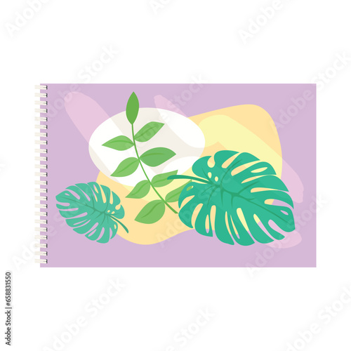 Notebook with tropical leaves on white background