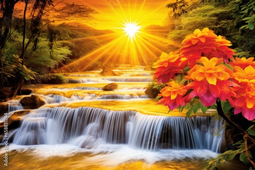 a waterfall with flowers and sun