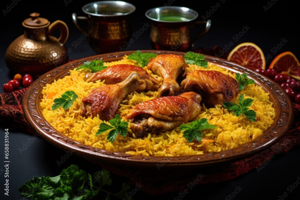 a plate of rice with chicken legs and herbs a plate of rice with chicken legs and herbs