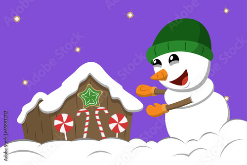 Vector navideño con muñeco de nieve, casa navideña hecha con nieve y dulces, ilustración navideña, ilustración de dibujo animado navideño