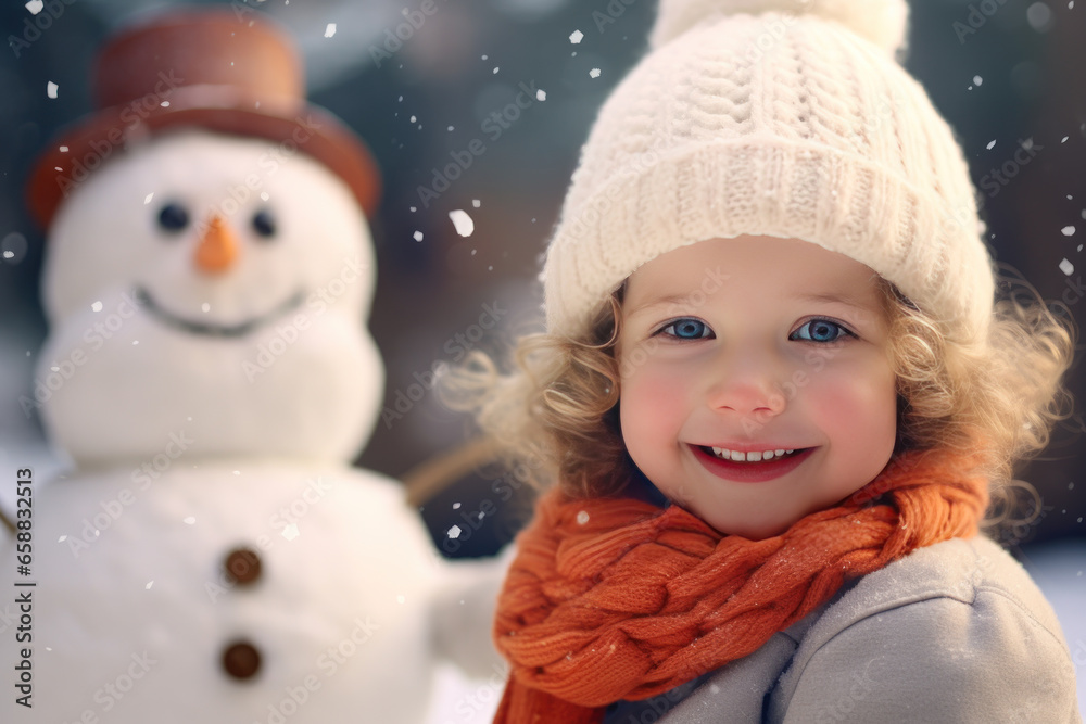 A happy girl toddler smiling at the camera snowman in the background A happy girl toddler smiling at the camera snowman in the background