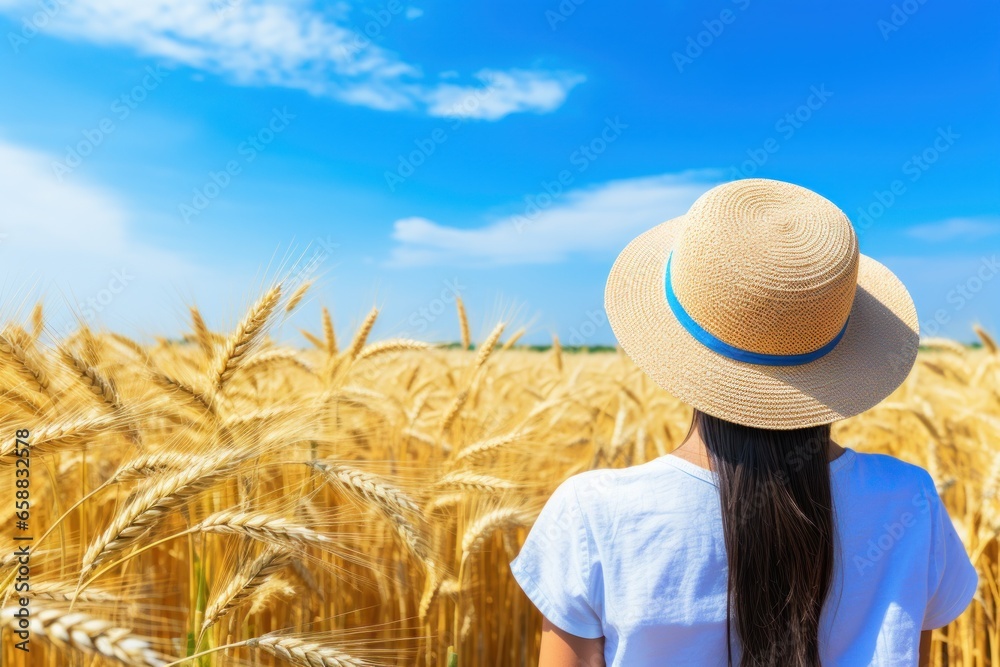 a woman in a straw hat in a field of wheat