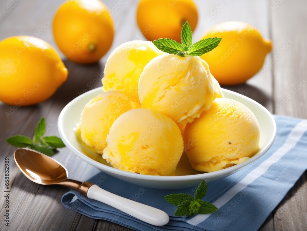 a bowl of ice cream with lemons and mint leaves a bowl of ice cream with lemons and mint leaves