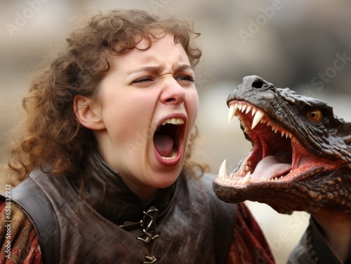 a woman screaming at a dinosaur