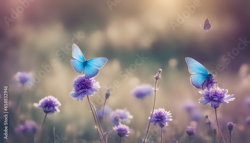 a blue butterfly flying over a purple flower