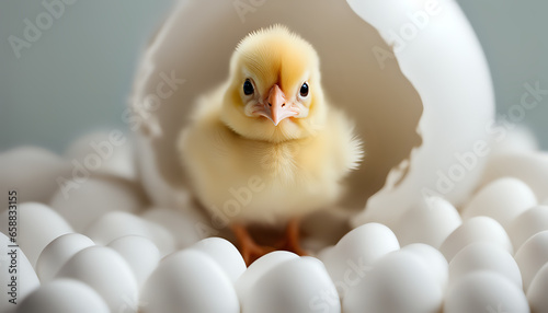 a small yellow bird in a white egg