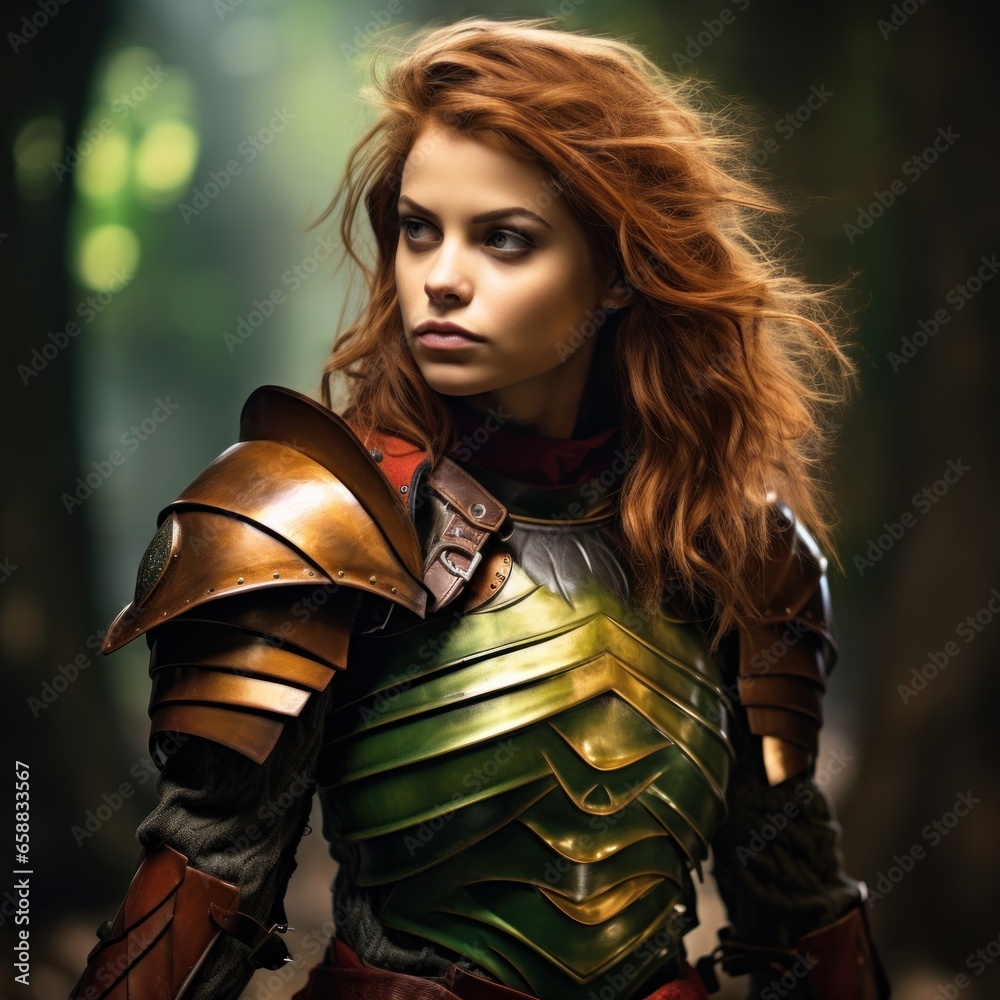a woman in armor looking to the side