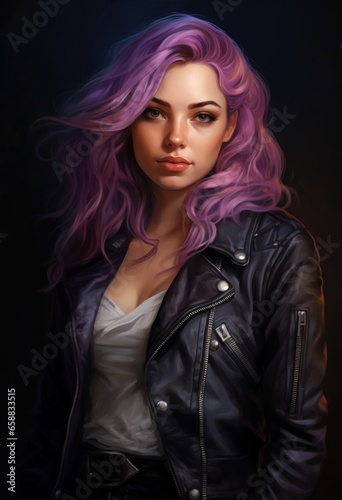 a woman with purple hair and a leather jacket
