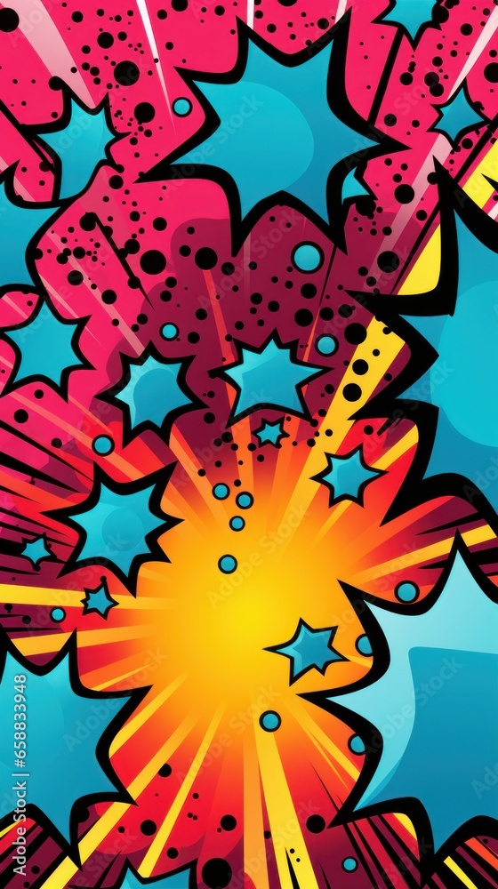 a colorful explosion with blue stars and dots