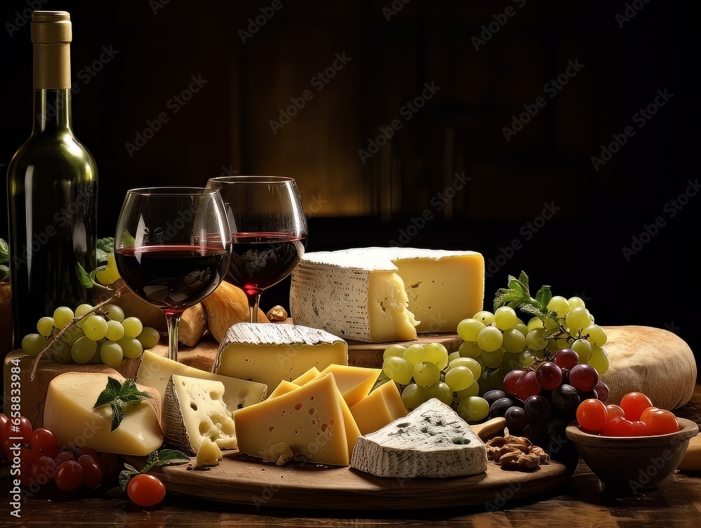 Cheese board with different varieties and two glasses of wine. AI Cheese board with different varieties and two glasses of wine. AI