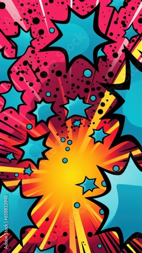 a colorful explosion with blue stars and dots