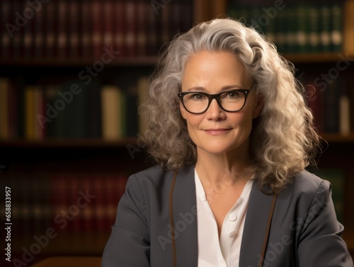 a woman with glasses and a bookcase behind her
