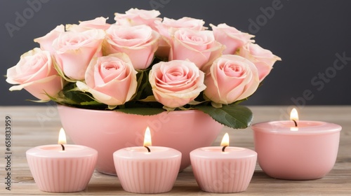 pink roses in a bowl with candles