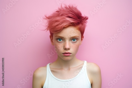 a girl with pink hair and freckles