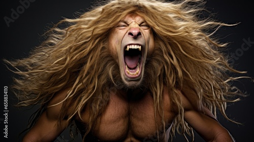a man with long hair and a lion's face