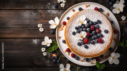 a cake with berries and powdered sugar on top