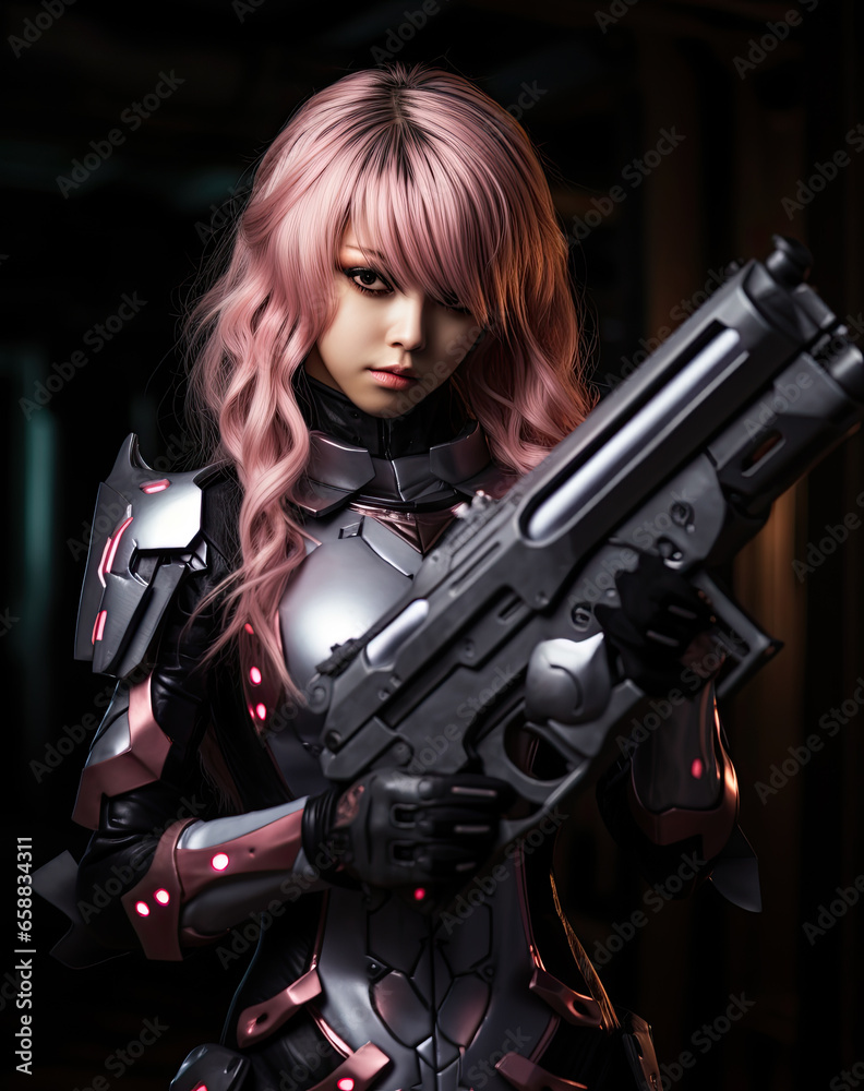 A girl wearing leather leotard, uniform style of machine shapes, fun poses, Holding an alien designed rifle. Asian-inspired. A girl wearing leather leotard, uniform style of machine shapes, fun poses, Holding an alien designed rifle. Asian-inspired.