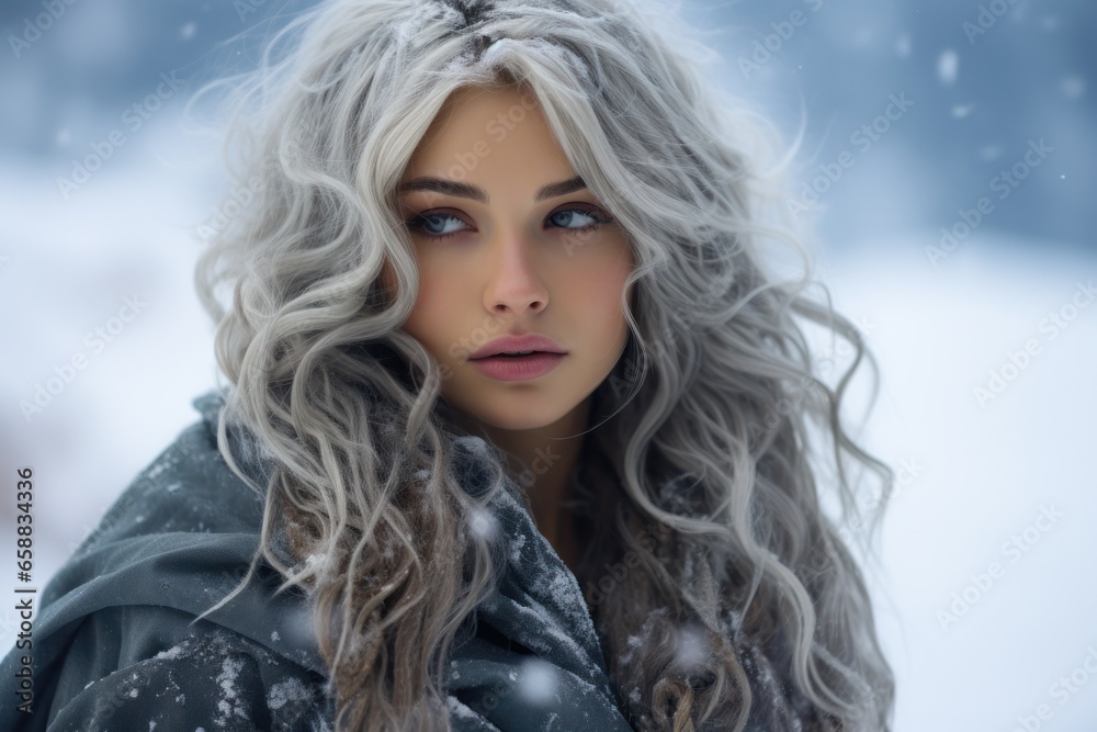 a woman with long hair in a snowy environment