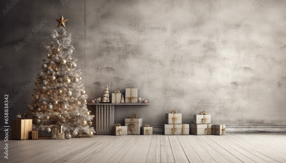 Backdrop for studio photo, christmas tree and gifts on silver grey background