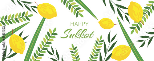 Greeting banner with Sukkot festival symbols on white background