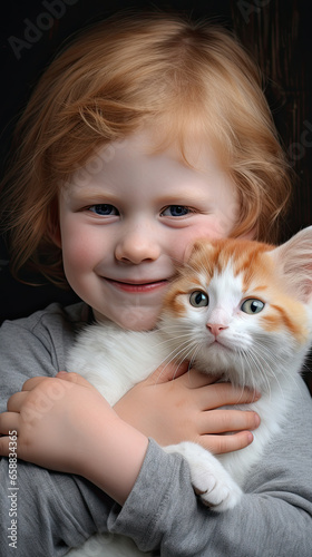 a beautiful little girl holding a kitten cat..