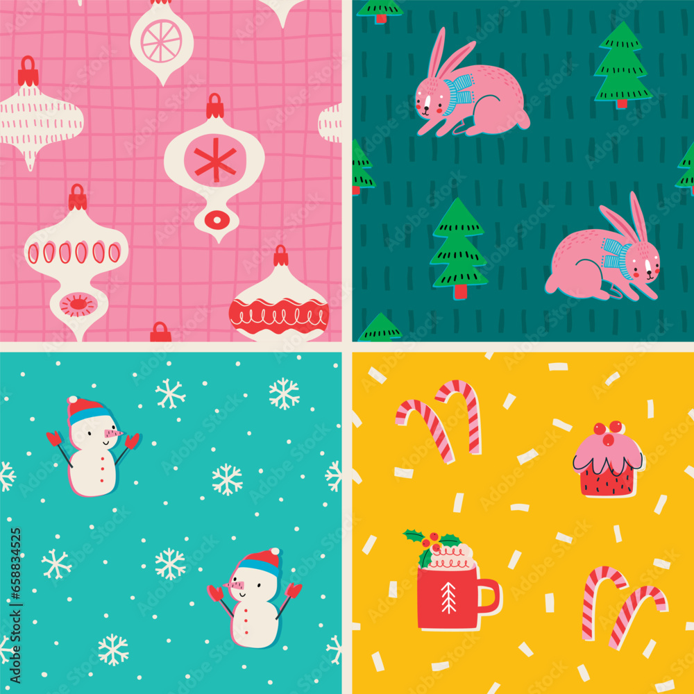 Fototapeta premium Christmas set of seamless patterns, hand drawn style - cute objects, snowmen, bunny, candy cane, baubles and other elements.