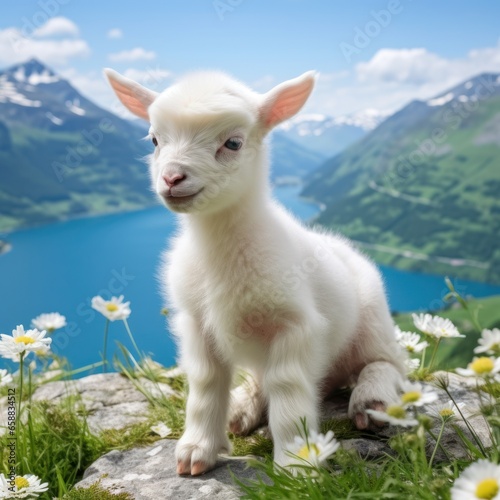 a baby goat on a rock with flowers and mountains in the background © sam