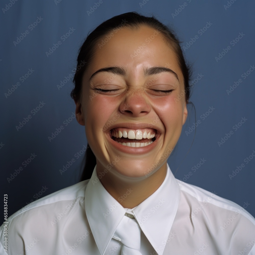 a woman laughing with her eyes closed a woman laughing with her eyes closed