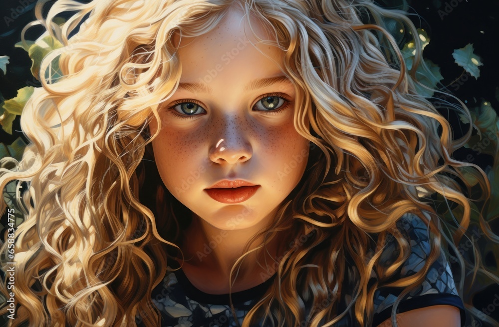 Fototapeta premium a girl with long curly hair and freckles