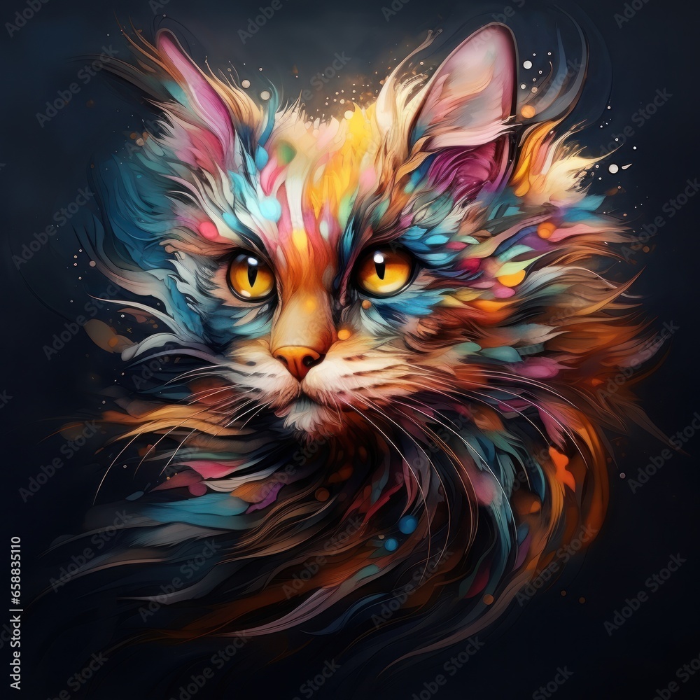 a colorful cat with yellow eyes