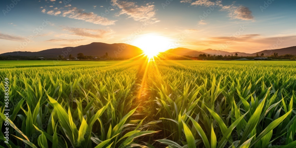 a field of green plants with the sun setting behind it