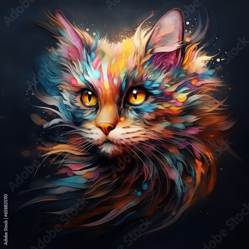 a colorful cat with yellow eyes