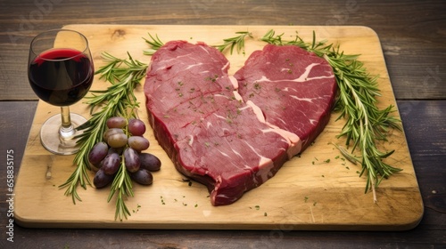 a heart shaped steak on a cutting board