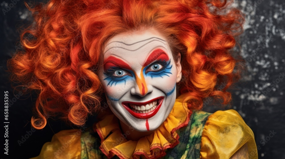 a woman with red hair and a clown face