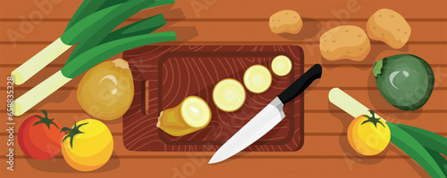 Cutting board, knife and fresh vegetables on wooden background, top view