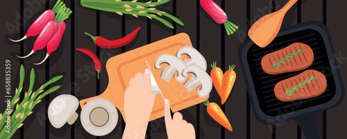 Woman cutting fresh mushrooms while cooking dinner on wooden background, top view
