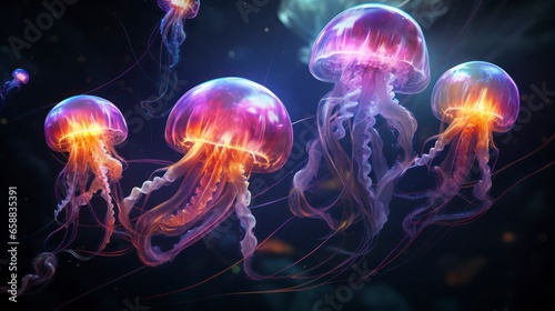 Mysterious deep-sea creatures, featuring glowing jellyfish and elusive deep-sea fish. Generative AI © Godam