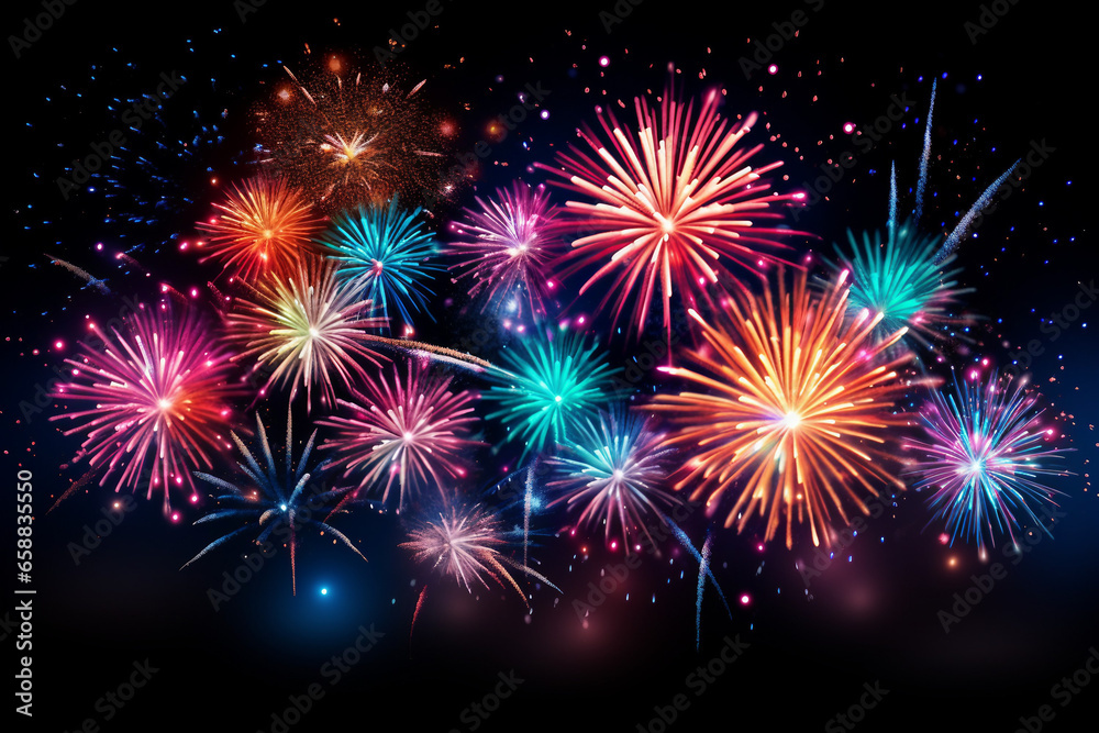 Vibrant Fireworks Illuminating the Night Sky, New Year's Celebration in Full Swing