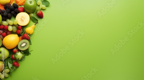 a group of fruits on a green surface