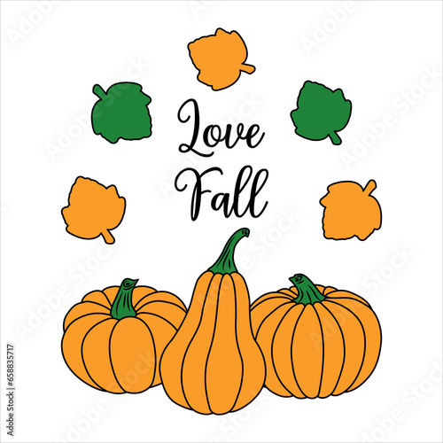 Pumpkins and leaves. Fall clipart on a white background. Autumn illustration for creative decorations, postcards, banners, gift paper, and modern prints. Love fall.