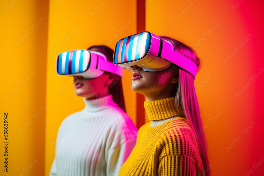 couple young woman s Using The Virtual Reality Headset. modern Portrait With Trendy Look And Bright Colors couple young woman s Using The Virtual Reality Headset. modern Portrait With Trendy Look And Bright Colors