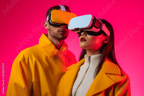 couple young woman s Using The Virtual Reality Headset. modern Portrait With Trendy Look And Bright Colors