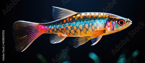 The freshwater fish Danio margaritatus is commonly known as rasbora galaxy or Microrasbora Galaxy in aquariums Aquascaping photography highlights its celestial appearance With copyspace for 