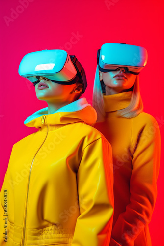 couple young woman s Using The Virtual Reality Headset. modern Portrait With Trendy Look And Bright Colors